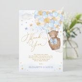 ブルー金ゴールドテディベアホットエアバルーン男の赤ちゃん サンキューカード (スタンド正面)