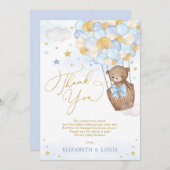 ブルー金ゴールドテディベアホットエアバルーン男の赤ちゃん サンキューカード (正面/裏面)
