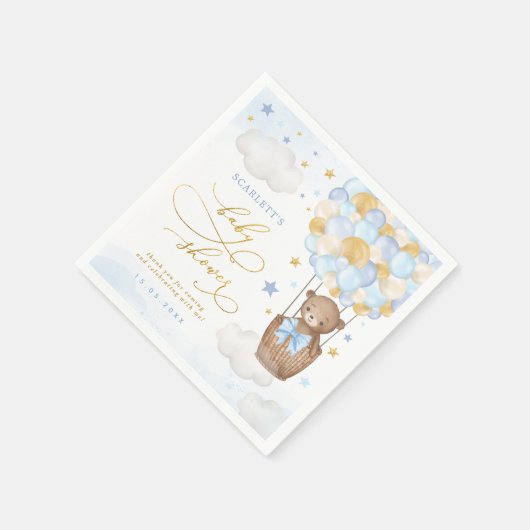 ブルー金ゴールドテディベアホットエアバルーン男の赤ちゃん スタンダードカクテルナプキン (角)