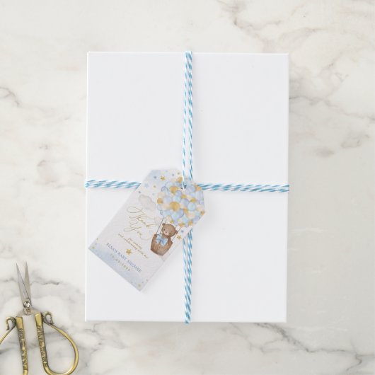 ブルー金ゴールドテディベア熱気球の雲の星 ギフトタグ (より糸付き)