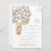 ブルー金ゴールドテディベア熱気球ベビーシャワー 招待状 (正面)