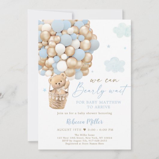 ブルー金ゴールドテディベア熱気球ベビーシャワー 招待状 (正面)