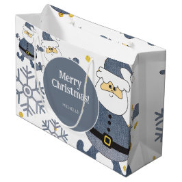 ブルー金ゴールドデニムクリスマスサンタパーソナライズされた ラージペーパーバッグ