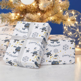 ブルー金ゴールドデニムファッションクリスマスサンタパターン ラッピングペーパー