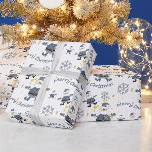 ブルー金ゴールドデニムファッションクリスマスサンタパターン ラッピングペーパー