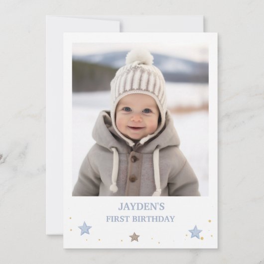 ブルー金ゴールドトゥインクルリトルスターフォト誕生日 招待状 (裏面)