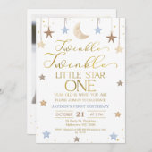 ブルー金ゴールドトゥインクルリトルスターフォト誕生日 招待状 (正面/裏面)