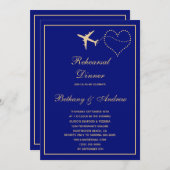ブルー金ゴールドトラベル結婚のリハーサルディナー 招待状 (正面/裏面)