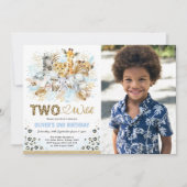 ブルー金ゴールドトロピカルサファリツーワイルドフォト誕生日 招待状 (正面)