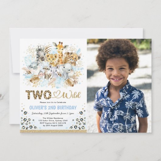 ブルー金ゴールドトロピカルサファリツーワイルドフォト誕生日 招待状 (正面)