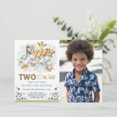 ブルー金ゴールドトロピカルサファリツーワイルドフォト誕生日 招待状 (スタンド正面)