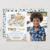 ブルー金ゴールドトロピカルサファリツーワイルドフォト誕生日 招待状 (正面/裏面)