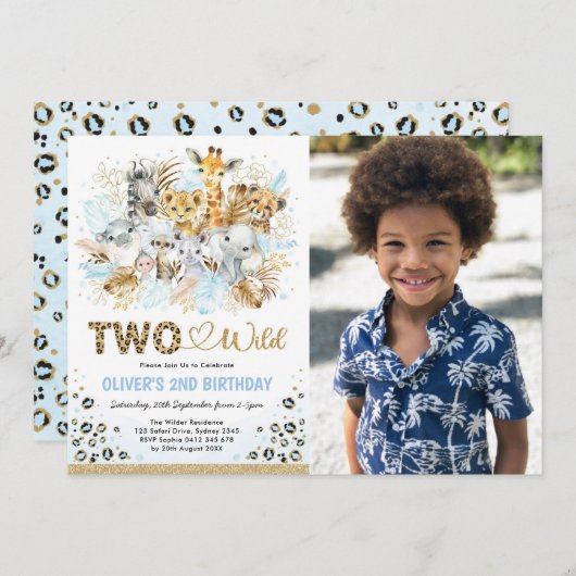 ブルー金ゴールドトロピカルサファリツーワイルドフォト誕生日 招待状 (正面/裏面)