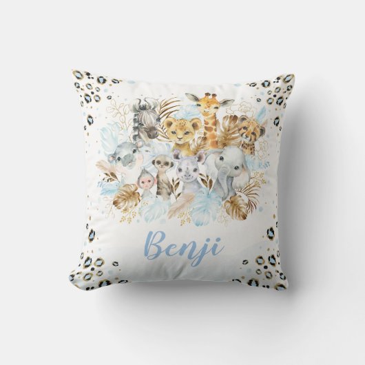 ブルー金ゴールドトロピカルジャングルサファリアニマルズ子供部屋 クッション (正面)