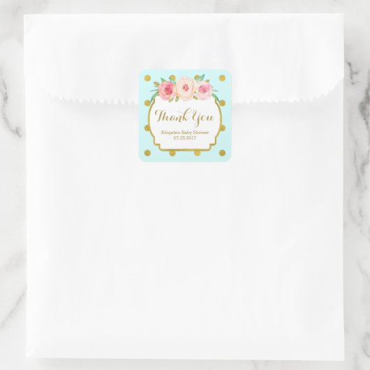 ブルー金ゴールドドットフローラベビーシャワーメッセージカード スクエアシール (バッグ)