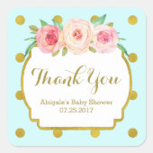 ブルー金ゴールドドットフローラベビーシャワーメッセージカード スクエアシール (正面)