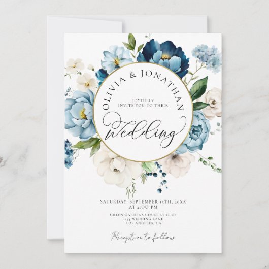 ブルー金ゴールドネイビーすべて1予算QRコード結婚s 招待状 (正面)