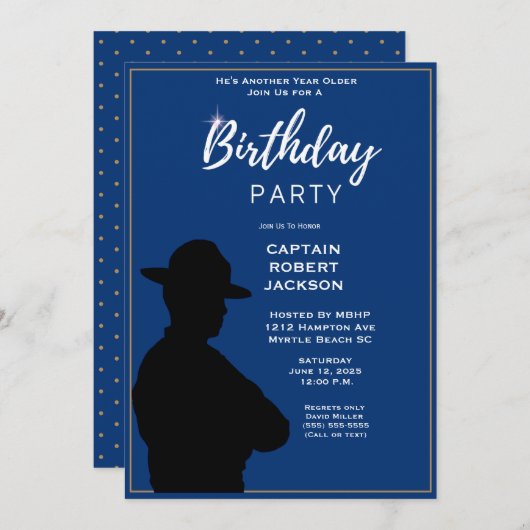 ブルー金ゴールドハイウェイパトロールバースデーパーティー 招待状 (正面/裏面)