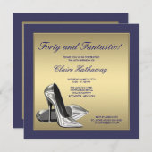 ブルー金ゴールドハイヒール女性40th誕生日パーティー 招待状 (正面/裏面)