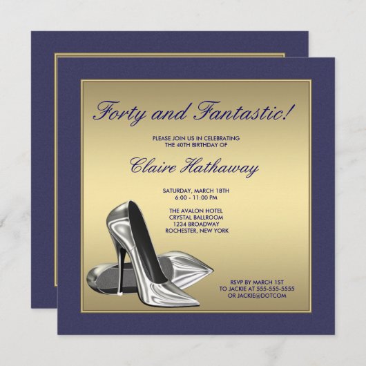 ブルー金ゴールドハイヒール女性40th誕生日パーティー 招待状 (正面/裏面)
