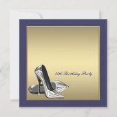 ブルー金ゴールドハイヒール女性40th誕生日パーティー 招待状 (裏面)