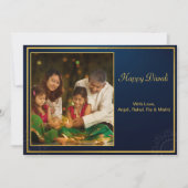 ブルー金ゴールドハッピーDiwaliフォトグリーティパーソナライズされたング シーズンカード (正面)