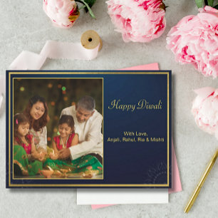 ブルー金ゴールドハッピーDiwaliフォトグリーティパーソナライズされたング シーズンカード