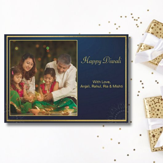 ブルー金ゴールドハッピーDiwaliフォトグリーティパーソナライズされたング シーズンカード