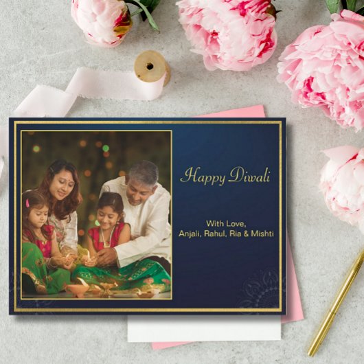 ブルー金ゴールドハッピーDiwaliフォトグリーティパーソナライズされたング シーズンカード