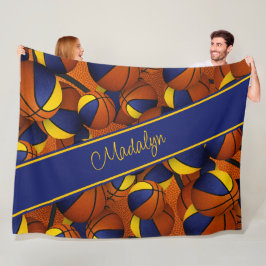 ブルー金ゴールドバスケットチームカラー女の子スポーツルーム フリースブランケット