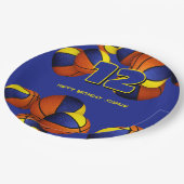 ブルー金ゴールドバスケットボール男の子の女の子スポーツパーティー ペーパープレート (アングル)