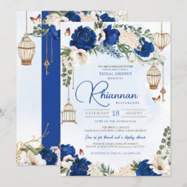 ブルー金ゴールドバタフライフローラエレガントブライダルシャワー 招待状