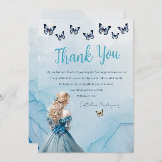 ブルー金ゴールドバタフライプリンセスキンセアニラ サンキューカード (正面/裏面)
