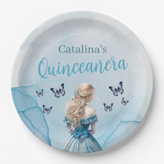 ブルー金ゴールドバタフライプリンセスキンセアニラ ペーパープレート (正面)