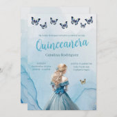 ブルー金ゴールドバタフライプリンセスキンセアニラ 招待状 (正面/裏面)