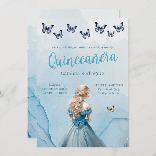 ブルー金ゴールドバタフライプリンセスキンセアニラ 招待状 (正面/裏面)
