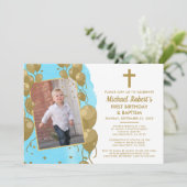 ブルー金ゴールドバプテスマ1歳の誕生日文字写真 招待状 (スタンド正面)