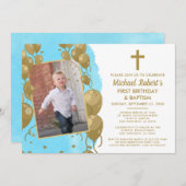 ブルー金ゴールドバプテスマ1歳の誕生日文字写真 招待状 (正面/裏面)