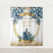 ブルー金ゴールドバルーンウォーターカラー甘い16背景 タペストリー (正面)