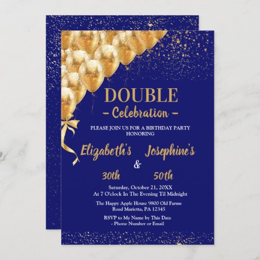 ブルー金ゴールドバルーングリッターデュアル誕生日ツリー 招待状 (正面/裏面)