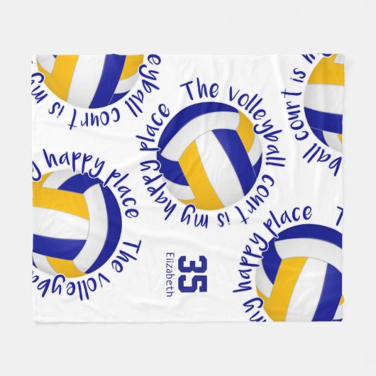 ブルー金ゴールドバレーボールコートhappy placeタイポグラフィ フリースブランケット (正面(横))