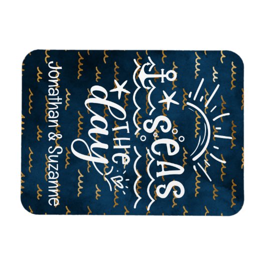 ブルー金ゴールドパーソナライズされたウェーブズシーズザデイクルーズ マグネット (横)