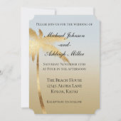 ブルー金ゴールドパームグラデーションツ結婚リー 招待状 (正面)