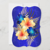 ブルー金ゴールドパームスハイビスカスダマスクバースデーパーティー 招待状 (裏面)