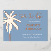 ブルー金ゴールドパームツリービーチ結婚式日付の保存 箔招待状 (正面)