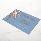 ブルー金ゴールドパームツリービーチ結婚式日付の保存 箔招待状 (回転した状態)