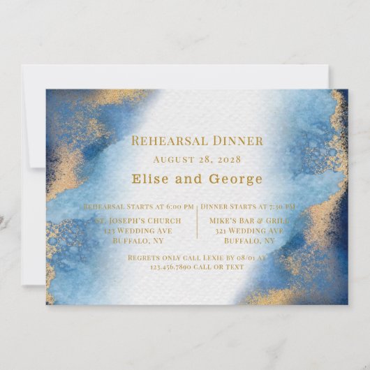 ブルー金ゴールドビーチアゲートジオメトリックリハーサルディナー 招待状 (正面)