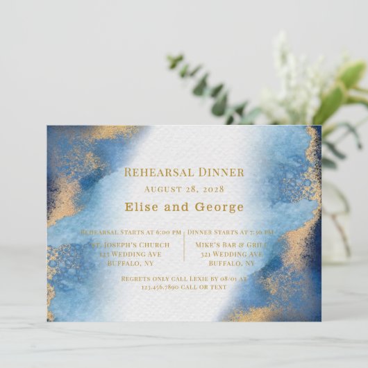 ブルー金ゴールドビーチアゲートジオメトリックリハーサルディナー 招待状 (スタンド正面)