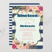 ブルー金ゴールドピンク牡丹ガール19thバースデーパーティー 招待状 (正面/裏面)
