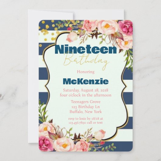 ブルー金ゴールドピンク牡丹ガール19thバースデーパーティー 招待状 (正面)